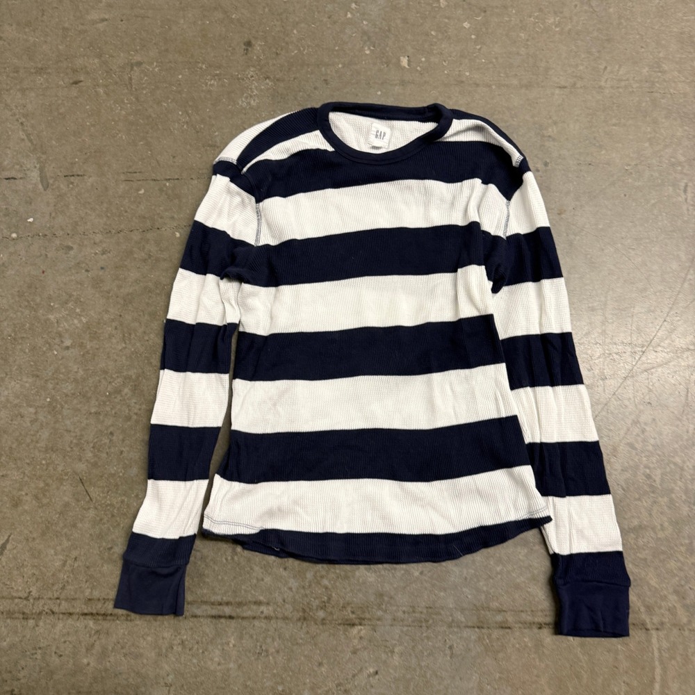 GAP Womens Navy Blue White Striped Waffle Knit Thermal Long Sleeve Shirt Large